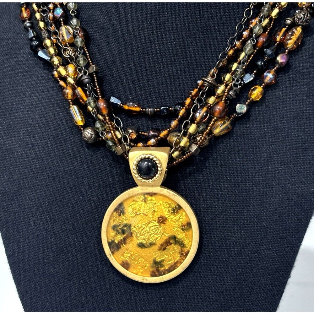 Chicos Beaded Statement Necklace Multi Strand Gold Tone Boho Medallion Pendant